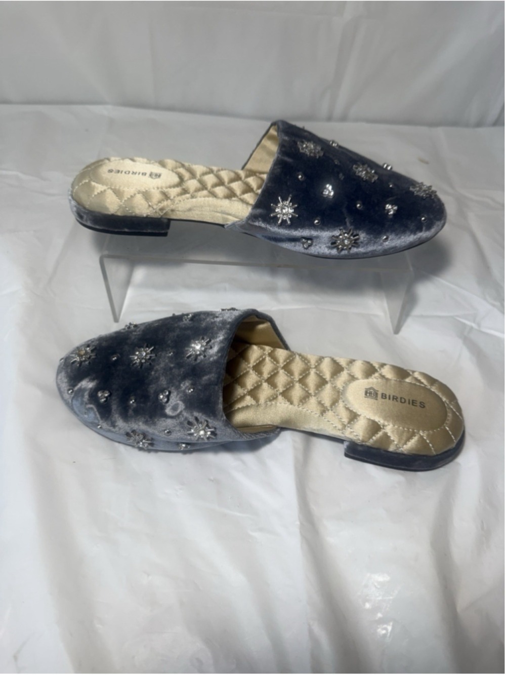 Birdies The Starling Grey Crystal Jewel Velvet Flat Loafers US 6.5 RARE